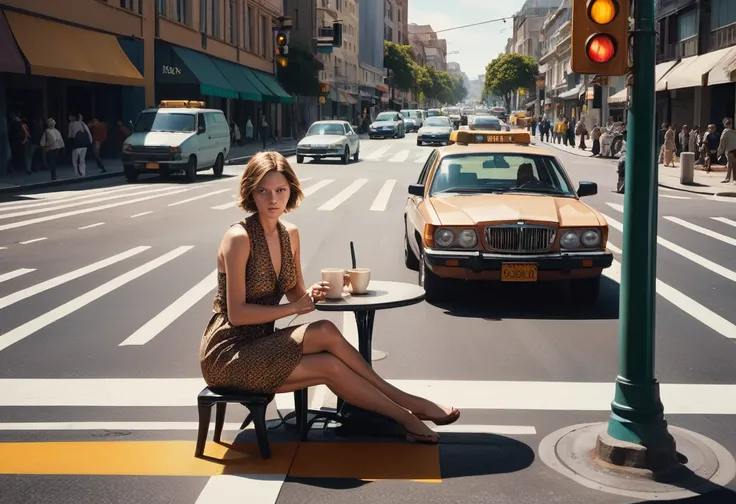 A woman sitting at a table with coffee cup on the middle of a zebra crossing near a traffic light, cars stopping and waiting for her, angry drivers, confused bypassers, Dullcore, Warm Colors, Libertywave, Copper, Colorless, Happy, street, Low shutter, intr...