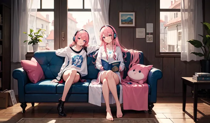 ((Highest quality)), ((masterpiece)), (detailed), 1人のgirl, ((Highest quality)), ((masterpiece)), (detailed), 1人のgirl, Super high quality by the god of art, High resolution, Pink Hair, alone, girl, , Wear headphones, Rain outside the window, Full body angle...