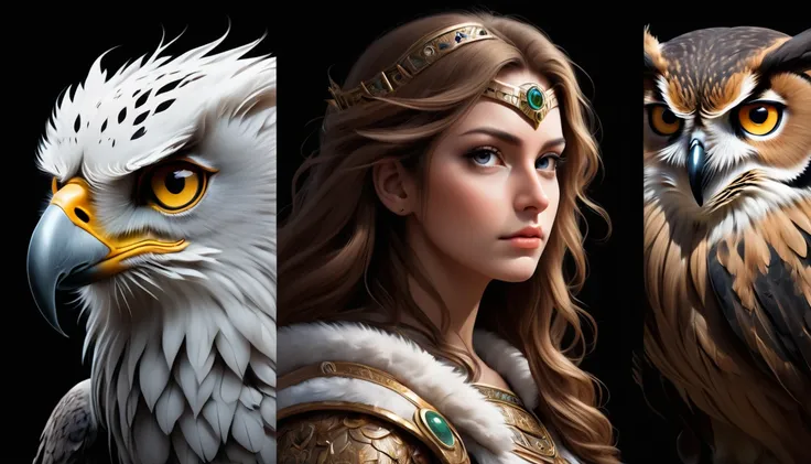 create an image divided into 3 parts, these images must be a close-up of the face of 3 animals, each is the representation of an archetype, first animal and an owl (located in the left corner in the first part of the image), second the lion (located in the...