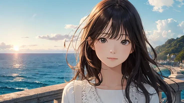 Shiraishi Mei, Looks exactly like Shiraishi Mei,Oceanの方を向いている後ろ姿、Woman looking up at the sky ,Long Hair,  Dark brown hair, 2 girls, 18-year-old, photograph, Realistic, Highest quality, Detailed face, Strong sunlight, Ocean, Embankment, Detailed Background,...