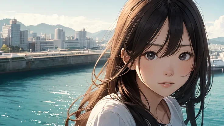 Shiraishi Mei, Looks exactly like Shiraishi Mei,Oceanの方を向いている後ろ姿、Woman looking up at the sky ,Long Hair,  Dark brown hair, 2 girls, 18-year-old, photograph, Realistic, Highest quality, Detailed face, Strong sunlight, Ocean, Embankment, Detailed Background,...