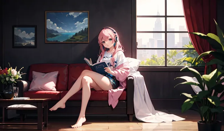 ((Highest quality)), ((masterpiece)), (detailed), 1人のgirl, Super high quality by the god of art, High resolution, Pink Hair, alone, girl, , Wear headphones, Rain outside the window, Full body angle, Sitting on the couch, I read a book