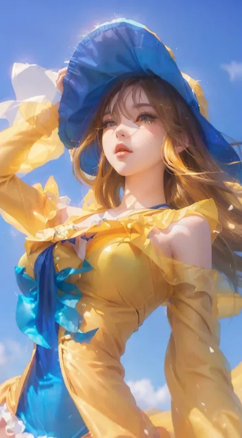 anime girl in a yellow Lingerie and blue hat, style artgerm, mobile legends, ! dream artgerm, ashe, like artgerm, artgerm style, style of artgerm, wild rift, splash art, extremely detailed artgerm, ig model | artgerm, trending artgerm, artgerm detailed