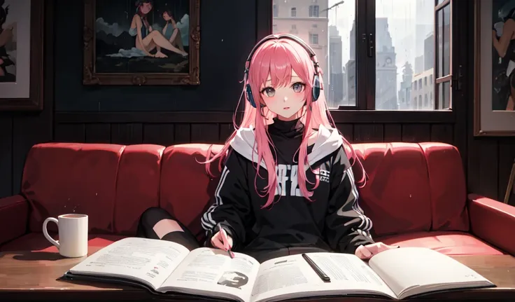 ((Highest quality)), ((masterpiece)), (detailed), 1人のgirl, Super high quality by the god of art, High resolution, Pink Hair, alone, girl, , Wear headphones, Rain outside the window, Full body angle, Sitting on the couch, I read a book