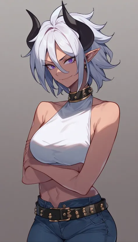 Dark-skinned tomboyish woman, black dragon horns on head, short Android 21 silver hair, violet eyes, long pointy ears, black scales on skin, gold jewelry, mischievous smile, white cropped halter top, dark blue jeans, black studded belts, jean chains, cross...