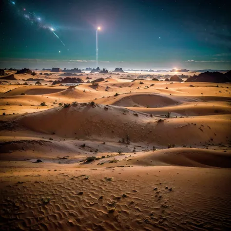 ((Best Quality)), ((masterpiece)), (detailed),  desierto de evening ((incredible dunes)) (( sky stars)) ((evening)) ((galaxies sky)) (( nebulae)) Foreground a vast desert with beautiful dunes which have different sizes, some larger than others, These look ...