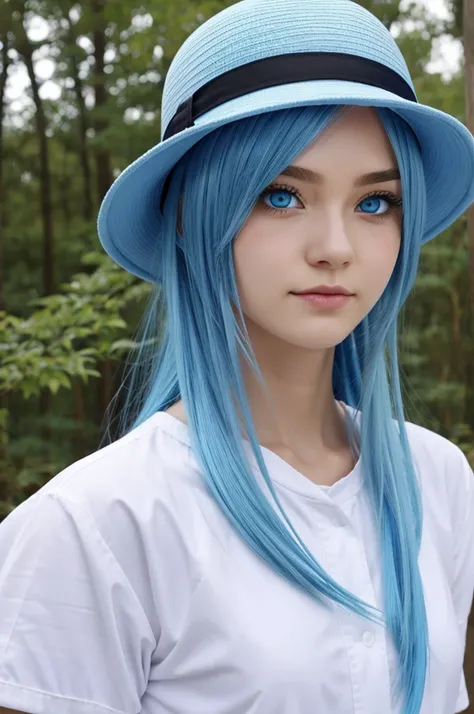 Anime blue eyes white hat blue hair 