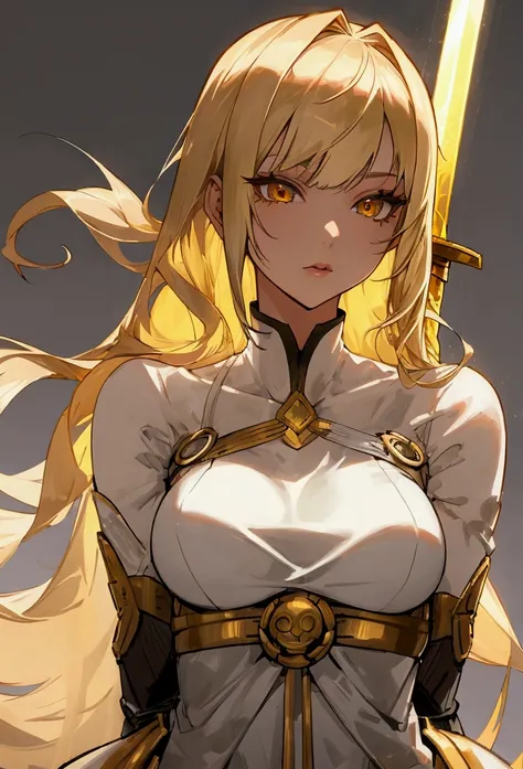 woman, 20s, beautiful, hero, blond hair, golden eyes, bangs, long hair, chlotes, had silver sword, medium breast, sexy, overly voloptuos body