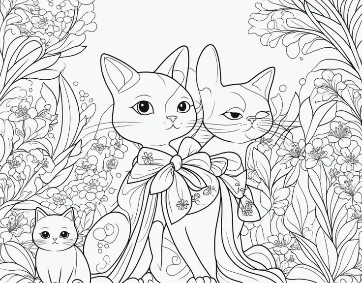 ,simple background, Japanese girl , kawaii, vibrant colors, A printable black and white coloring page featuring cats, clean line art, The line is quite simplified.