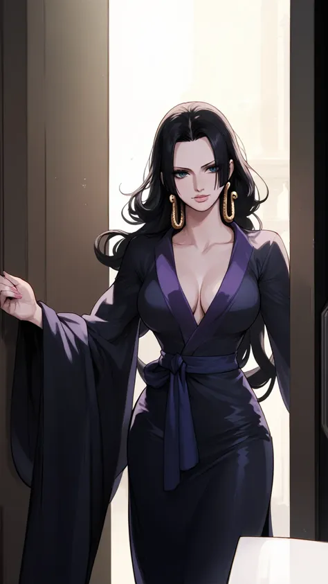 masterpiece,best quality,boa_hancock,long hair, black hair, earrings, large breasts,