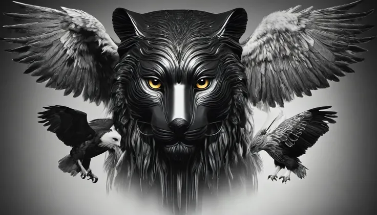 create an image divided into 3 parts, these images must be a close-up of the face of 3 animals, each is the representation of an archetype, first animal and an owl (located in the left corner in the first part of the image), second the lion (located in the...