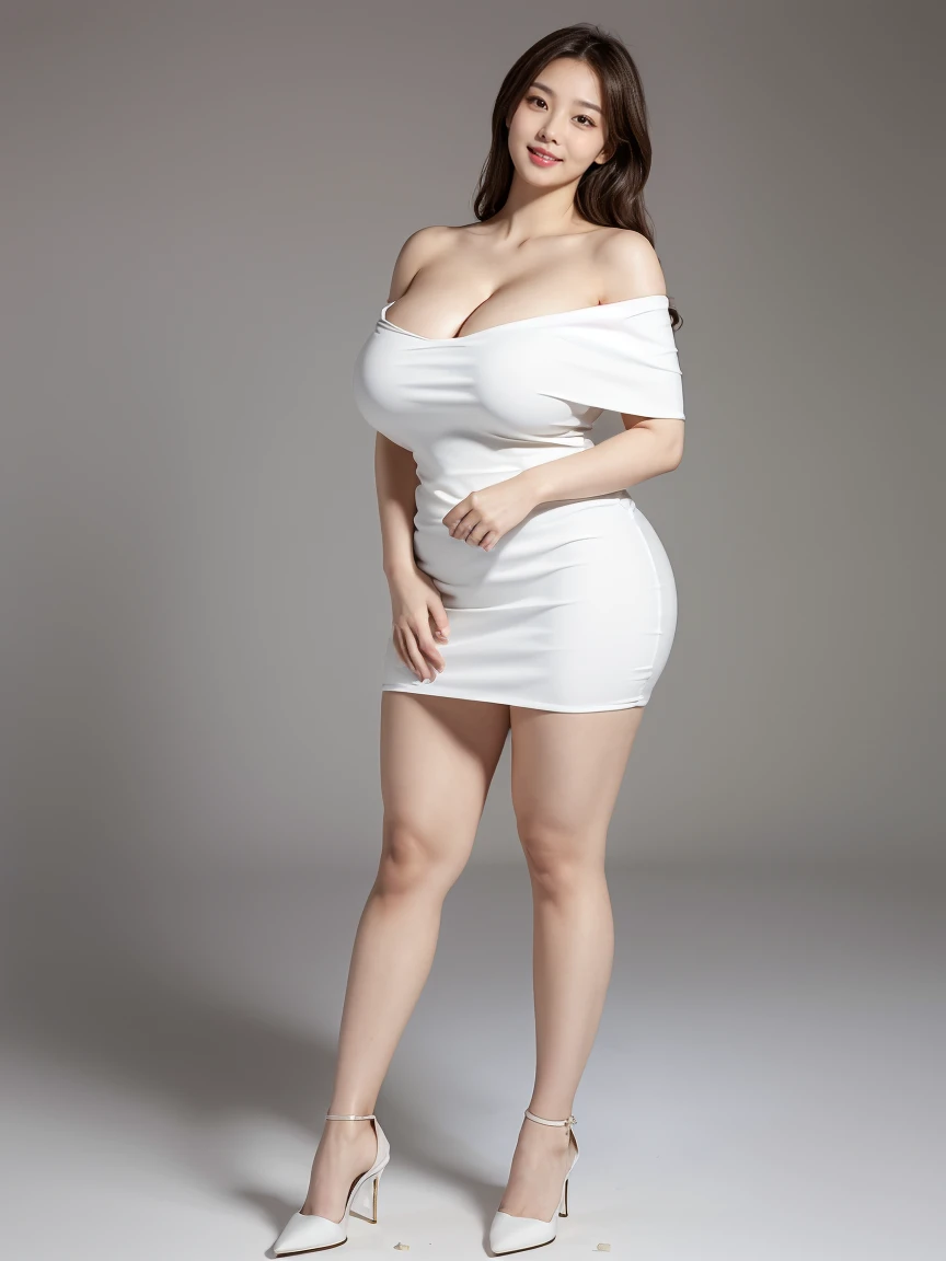 ((8k),High resolution,Highest quality,masterpiece,in front,dynamic,bold),(Full body photo 1.3),(9 heads),((Huge breasts :2),30 years old,woman,Korean,(Small face),beautiful,Clean face,Sharp jaw,White skin,(Voluptuous body :1.5),(Long legs:1.3),(Thick legs ...