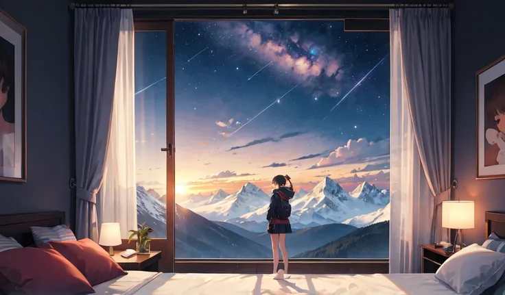 ((Highest quality)), ((masterpiece)), (detailed), One girl, a girl enjoying beautiful scenery from window  setting on bed, Drink coffee、  Put on headphones, Enjoy music , bed, Night Sky, Twinkle Star, Mountain々, comfortable, Surreal, Super Imagination View