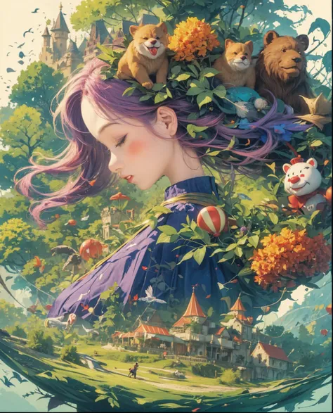 Fantasy illustration of boy wearing clown mask,Big red nose,Create a harmonious composition,Capturing the beauty of nature.Illustration symbolizes the relationship between people and environment