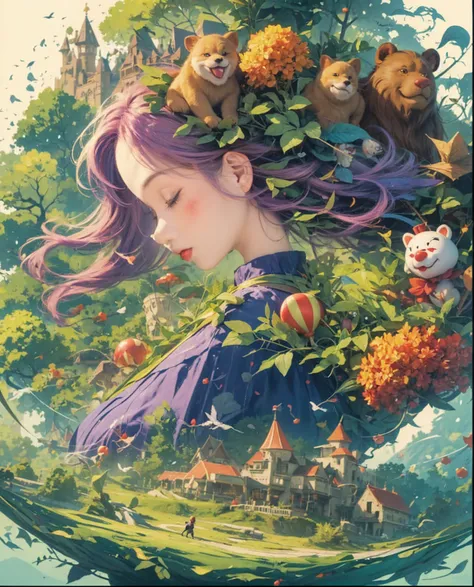 Fantasy illustration of boy wearing clown mask,Big red nose,Create a harmonious composition,Capturing the beauty of nature.Illustration symbolizes the relationship between people and environment