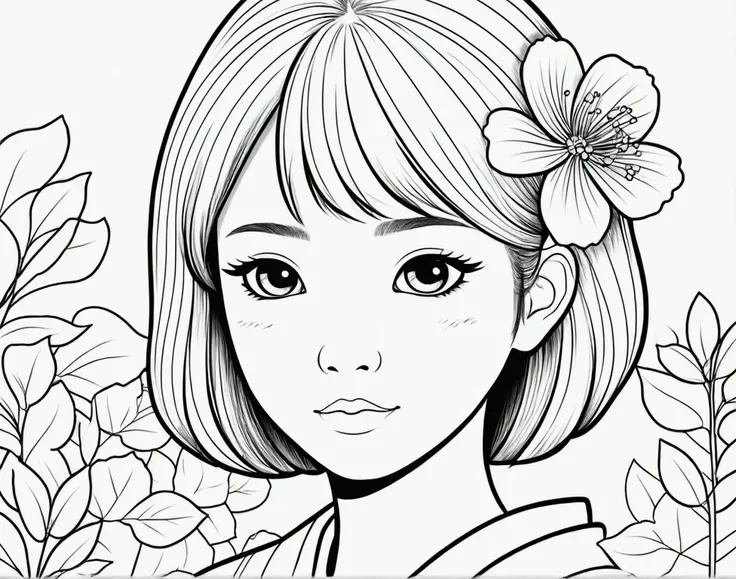 ,simple background, Japanese girl , kawaii, vibrant colors, A printable black and white coloring page featuring nature, clean line art, The line is quite simplified.