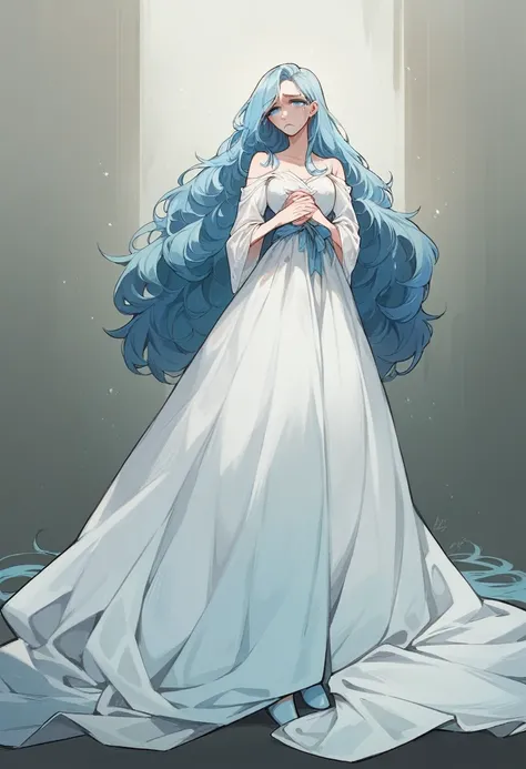 beautiful sad girl with blue long hair, blue eyes, light blue long dress, light blue heels, with a sad expression on her face and tears on her eyes