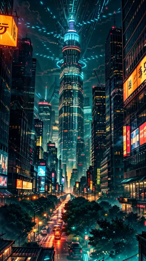 A miniature, towering giant sci-fi cityscape in intricately detailed digital art, sprawling with twinkling neon skyscrapers and levitating transportation vessels, witnessed from the intimate, low-angled vantage point of a tiny insect, though the bug itself...