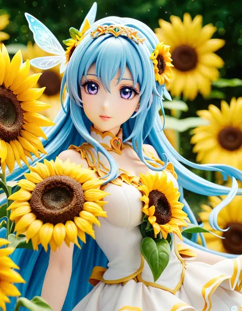 Close-up of a woman with blue hair and sunflowers, Beautiful angel, of an Beautiful Angel Girl, Beautiful sunflower anime girl, Beautiful woman angel, of Beautiful angel, Beautiful fairy, Beautiful Angel Girl