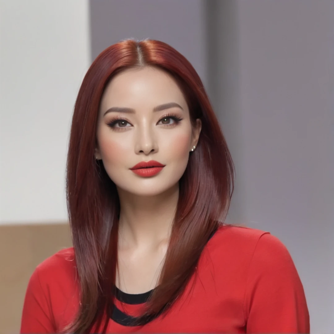 Detailed, realistic, beautiful woman, sleek straight hair, vibrant red haircolor.