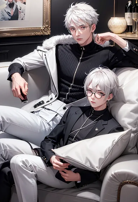 Silver-white hair, wolf cut hair, under-frame glasses, ice-coloured eyes, narrow eyes, teardrop mole, male, 27 years old, luxury sofa, wine glass, wine bottle, male mafia 