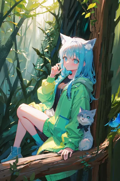 In a mystical forest, a young girl with cat ears and a tail sits on a mossy log. Shes wearing a blue jacket and holds a small blue bird in her hands. A white wolf stands guard behind her, its gaze fixed on the camera. The background is filled with lush gre...