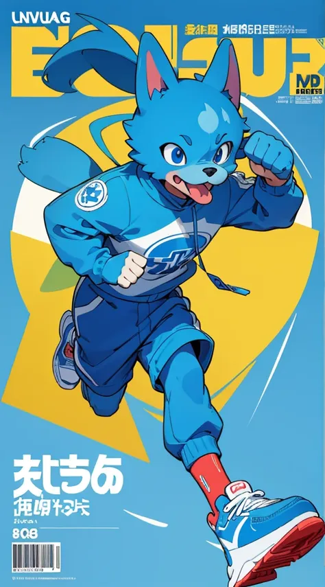 a bright blue dog-themed character, wearing big sneakers, サイバーパンク, magazine cover, simple background, running around, raised fis...