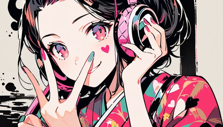 Fashion portrait color photos, (((Ink Painting))), (((1 girl))), (((Heart tattoo on face))), (((Gorgeous kimono))), Japanese style headphones, Peace sign next to my face, Japanese beautiful girl, smile