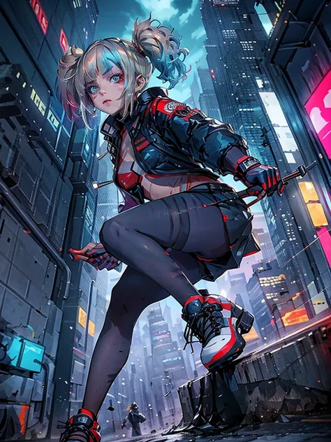 Batleen embodies the legacy of Batman and the redemption of Harley Quinn. In this anime-style design, she wears a combat suit that is predominantly black with dark blue accents and touches of red on the boots and gloves, combining elegance and functionalit...