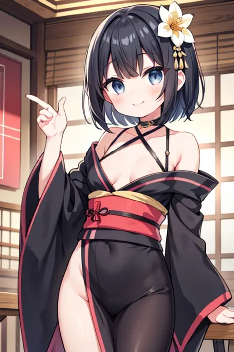 girl、Small breasts、Black Hair、Iris、Bob Hair、kimono、Sexy Costumes、Taunt、lure、smile、Put your hand over your mouth