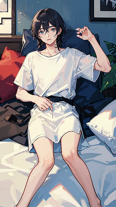 (Highest quality)), ((masterpiece)), (detailed),The background is the bedroom、Lying in bed、boyfriend、A man around 35 years old、A man with waist-length black hair tied back、Wearing a white T-shirt,Eye color is a calm blue、Location: Bedroom。