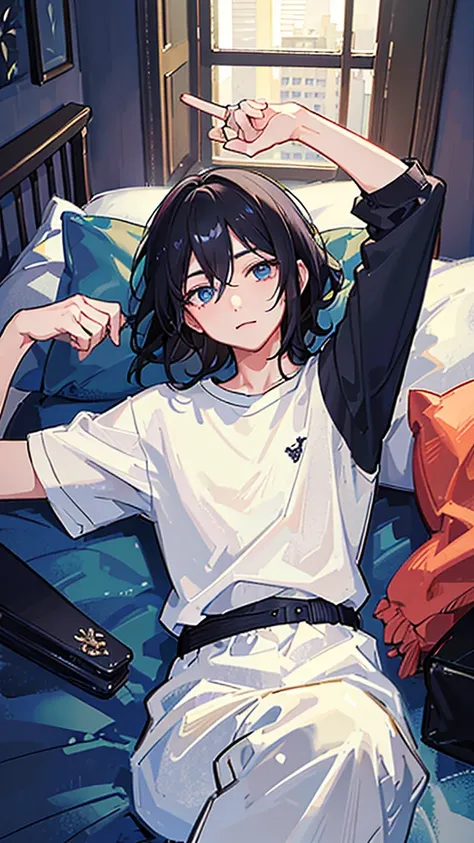 (Highest quality)), ((masterpiece)), (detailed),The background is the bedroom、Lying in bed、boyfriend、A man around 35 years old、A man with waist-length black hair tied back、Wearing a white T-shirt,Eye color is a calm blue、Location: Bedroom。