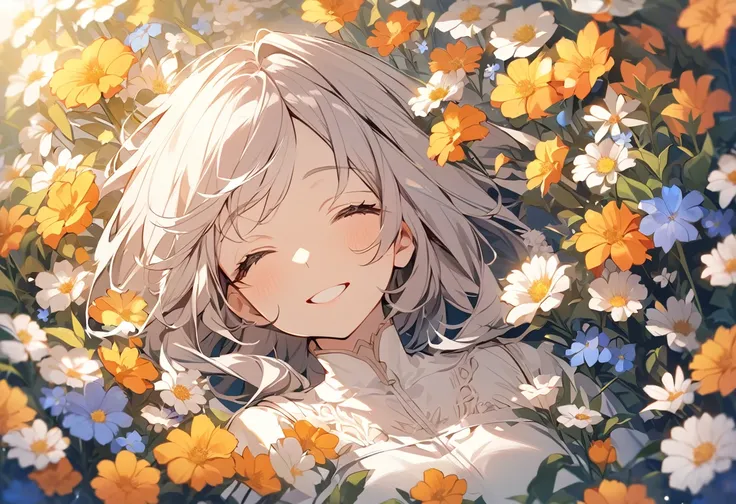 high resolution、Surrounded by flowers,Flower side,One girl,Upper Body,smile,I&#39;m laughing so hard my eyes are closing,A big smile,Black Hair,long,Shiny Hair