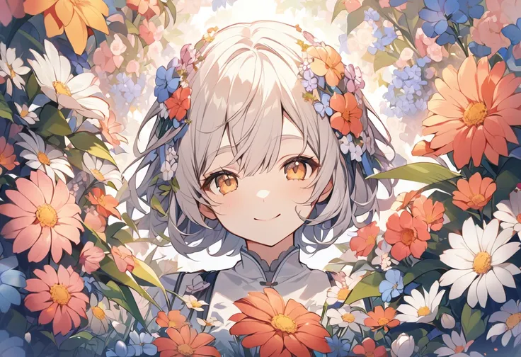 high resolution、Surrounded by flowers,Flower side,One girl,Upper Body,smile,I&#39;m laughing so hard my eyes are closing,A big smile,Black Hair,long,Shiny Hair