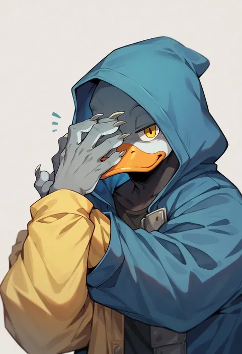 mysterious cool man with dark blue hooded coat, covered face in black, yellow eyes, blue duck paws, grey metal claws on his hands with ice