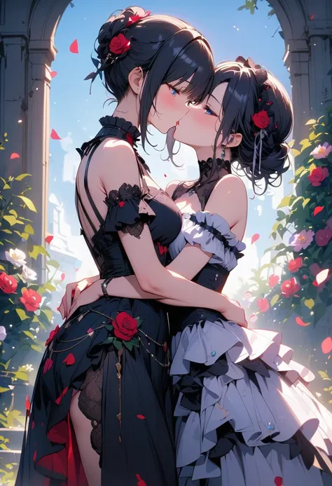 ((Highest quality))、((masterpiece))、(detailed)、((Anatomically correct))、(High resolution、8k)、Two Women、(kiss:1.3)、Two people looking at each other、Half-closed eyes、cowboy shot、 (Beautiful Eyes:1.2)、Gothic Dress、Gorgeous garden with blooming flowers、Petals ...