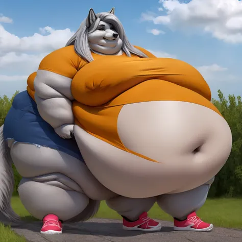 Grey wolf, female, long silver hair, huge breasts, huge hips, huge, huge belly, belly rolls, fat rolls,fat arms, fat legs, belly overhang, double chin, chubby cheeks, t-shirt, shorts, gorgeous, beautiful, eyelashes, voluptuous, plump, morbidly obese, solo,...