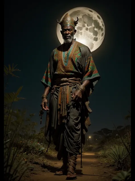 African male god, Oxossi, Beautiful, aged 50, caminhando at night em uma floresta africana, african religious clothing, Perfect Anatomia, at night, octan render, Greg Rutkowski