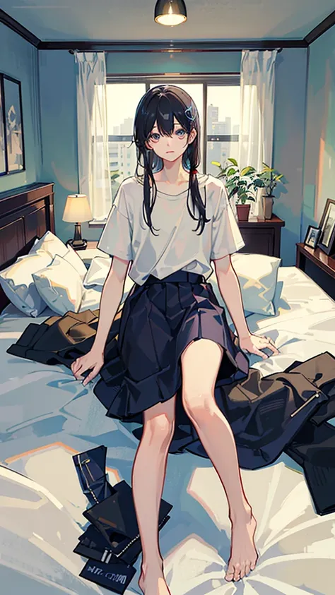 (Highest quality)), ((masterpiece)), (detailed),The background is the bedroom、Lying in bed、boyfriend、A man around 35 years old、A man with black, waist-length hair、Wearing a white T-shirt,Eye color is a calm blue、Location: Bedroom。