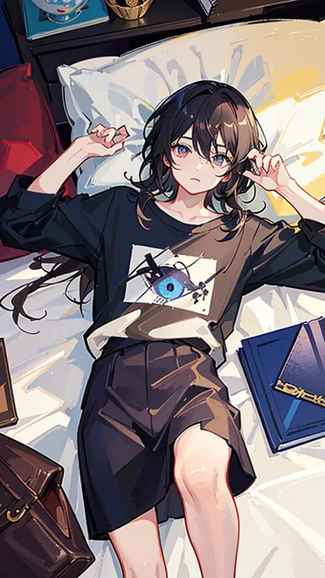 (Highest quality)), ((masterpiece)), (detailed),The background is the bedroom、Lying in bed、boyfriend、A man around 35 years old、A man with black, waist-length hair、Wearing a white T-shirt,Eye color is a calm blue、Location: Bedroom。