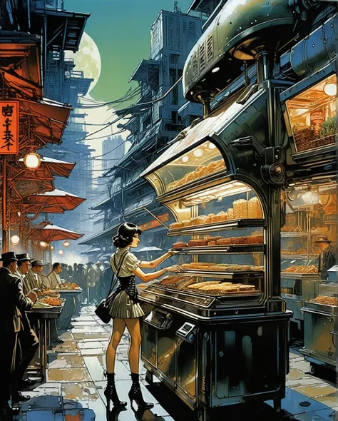 girl of the future using a food vendor machine, futuristic design, electronic artwork, manga character, techno-noir, animated dr...