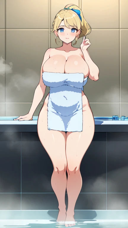 ((Highest quality)), ((masterpiece)), (detailed), 
((Very huge breasts))
((Very thick thighs))
((fleshy young woman))
(Tall)
(cleavage)
(Short Blonde side ponytail hair)
Blue eyes
Standing
(((bath towel only)))
(((Shoot from front)))
Japanese 
bath time
To...