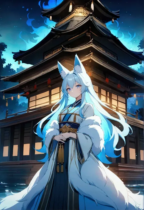 fox Light blue hair 　beast Girls　Indigo fur　fox beast Girls　fox Light blue hair 　beast Girls　Indigo fur　fox beast Girls　Wallpaper 4k,8K,Very detailed,Vibrant colors,water glow,Black silhouette of a pagoda,Faint moonlight,Dense forest,Ethereal atmosphere,Da...