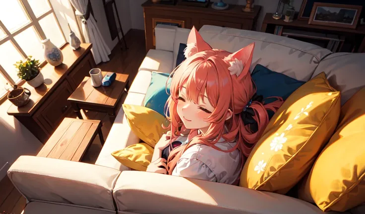 ((Highest quality)), ((masterpiece)), (detailed), A cute cat-eared girl,  close your eyes, indoor, sofa, Top view