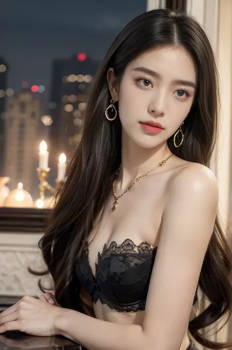 (((best quality))),(((ultra detailed))),(((masterpiece))),illustration,((1 beautiful girl,solo)),(shoulder length straight hair:1.2),((earrings,necklace)),((slim,thin)),((small breasts,flat chest)),(strapless luxurious lace bra:1.3),(sumptuous kitchen:1.3)...