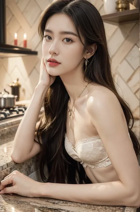 (((best quality))),(((ultra detailed))),(((masterpiece))),illustration,((1 beautiful girl,solo)),(shoulder length straight hair:1.2),((earrings,necklace)),((slim,thin)),((small breasts,flat chest)),(strapless luxurious lace bra:1.3),(sumptuous kitchen:1.3)...