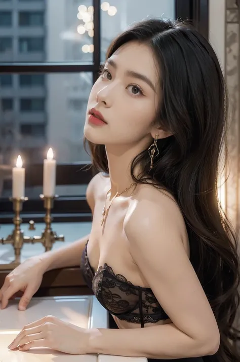 (((best quality))),(((ultra detailed))),(((masterpiece))),illustration,((1 beautiful girl,solo)),(shoulder length straight hair:1.2),((earrings,necklace)),((slim,thin)),((small breasts,flat chest)),(strapless luxurious lace bra:1.3),(sumptuous kitchen:1.3)...