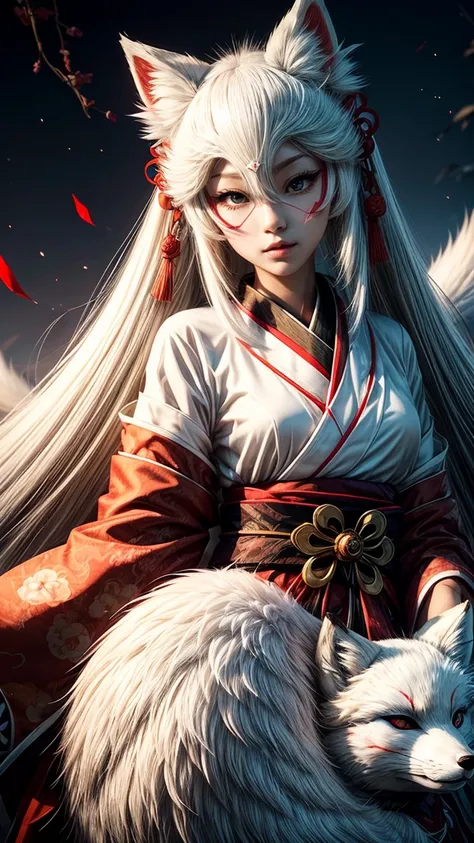 Anime girl with white fox mask and red kimono, with kitsune fox mask, Kitsune Mask on head, Beautiful fox, Kitsune Mask, Beautiful kitsune woman, narrow, White-haired fox, wearing a Kitsune Mask, Beautiful anime catgirl, Amaterasu, Ruponmyoji, white fox an...