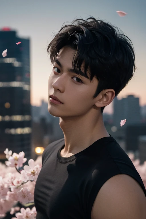 portrait of a 1 boy wearing a tight black tank top, front view, looking at camera, (smirk:0.65), (angry:0.3), cinematic shot on canon 5d ultra realistic, urban atmosphere, skyscrapers, night scene, sakura petals are flying over the background, short hair u...