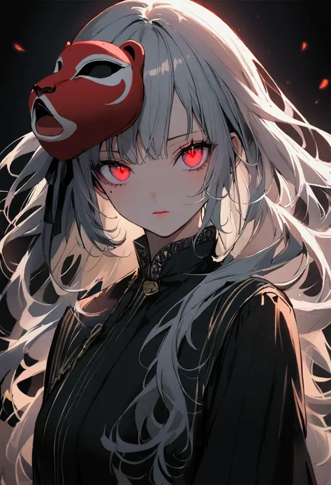 1 teen girl character。gray hair color、Glowing red eyes、Long Hair、There is a mole under the left eye。Without background、Depict people only.Wearing a monkey mask